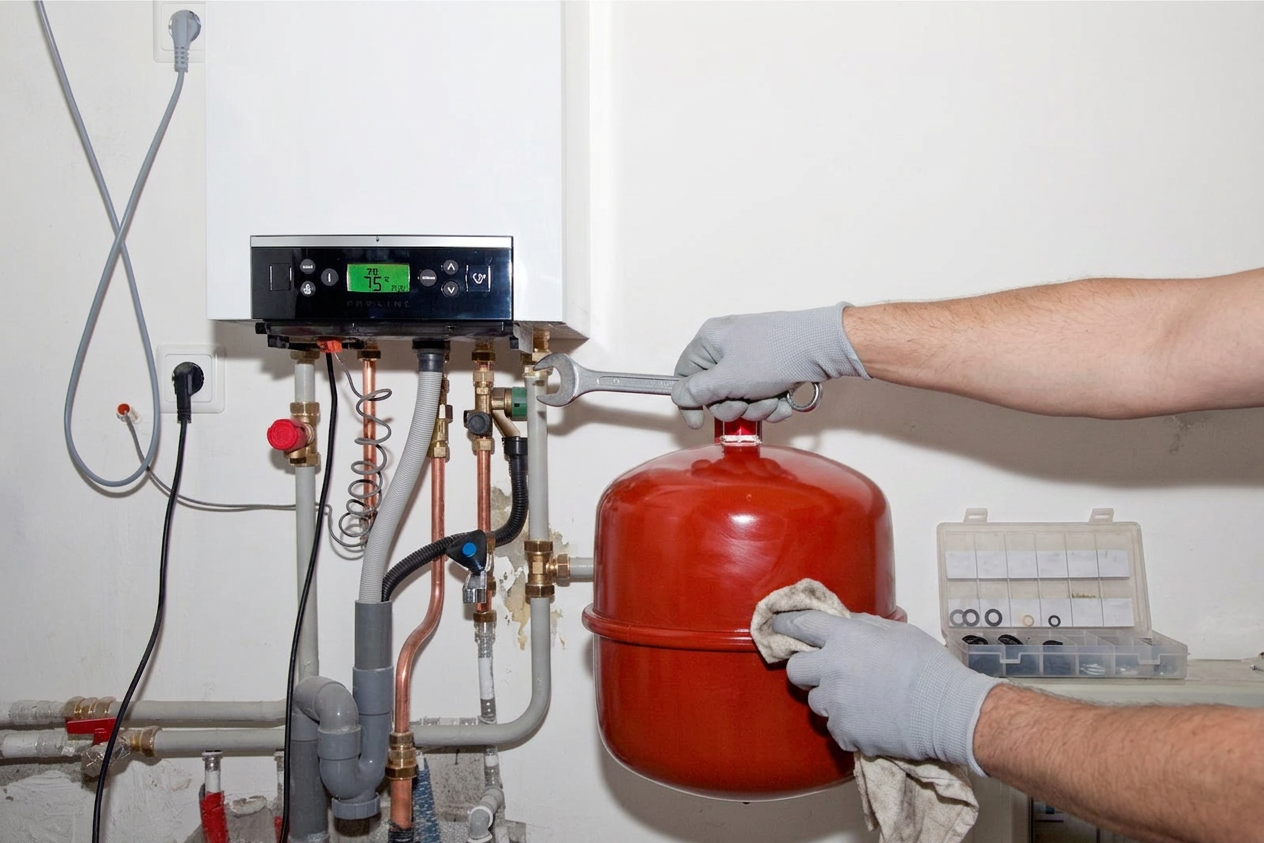 Monteur controleert een HRe-ketel met leidingen en een rood expansievat.