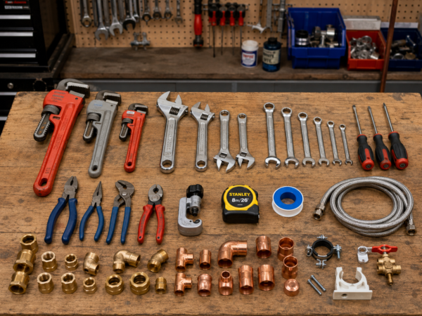 Overzicht van professioneel loodgietersgereedschap, tangen, sleutels, koppelingen en leidingmateriaal op een werkbank.