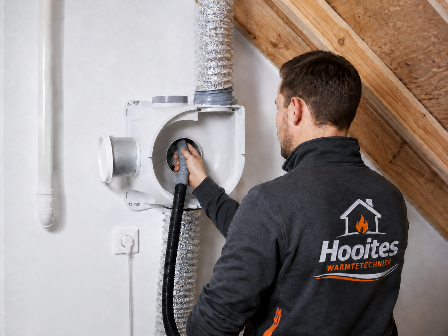 Monteur van Hooites Warmtetechniek controleert een mechanisch ventilatiesysteem met luchtkanalen in een nette zolderruimte.